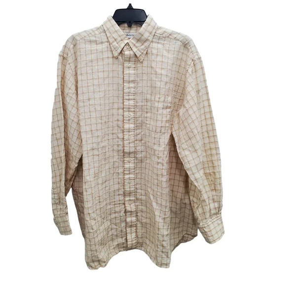 Bullock & Jones Mens White Tan Gingham 100% Linen Long Sleeve Button Up Shirt XL - Picture 1 of 6